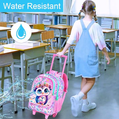 3Pcs Rolling Backpack for Girls, Owl Kids School Backpacks with Wheels, Roller Bookbag with Lunch Box for Elementary Preschool(Pink) - color: Owl Pink