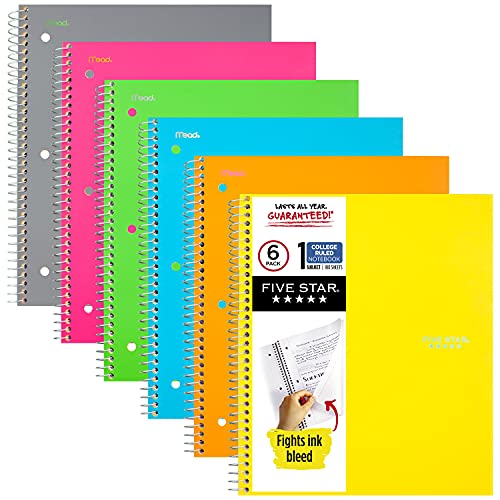 Five Star Spiral Notebooks, 1 Subject, College Ruled Paper, 100 Sheets, 11 x 8-1/2 inches, Assorted Colors, 6 Pack (38057) - color: Assorted, size: 6 Pack - Assorted