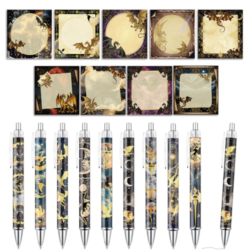 Wxiben Dragon Sticky Notes with Pens - 18 Pcs Fantasy Ballpoint Pens Notepads Set Cool Dragon Notes Black Ink Pen Animal Lover Gifts for Women Men Study Office School Supplies Party Favor - color: Dragon