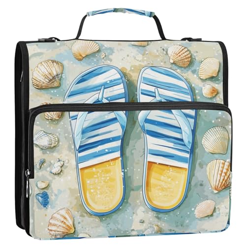 Flip-Flops Seashell Beach Pattern 3 D-Ring 2 inch Zipper Binder Bag with Shoulder Strap, Multi-Pocket Portfolio Organizer Case for 13 Inch Laptop Middle School - color: Flip-flops Seashell Beach Pattern