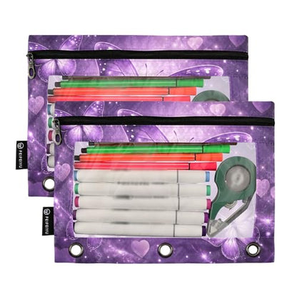 2 Pack Pencil Pouch for 3 Ring Binder Purple Glowing Butterfly Pencil Case Pouch with Clear Window Zipper Binder Pencil Pouches Pen Bag for Office School Supplies - color: Purple Glowing Butterfly