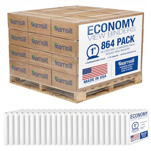 Samsill 1 Inch 3 Ring Binders, Made in USA, Economy Round Ring with Clear View Cover, 200 Sheet Capacity, White, Pallet of 864 Binders in 36 Cartons - color: White, size: Pallet, style: 1-Inch
