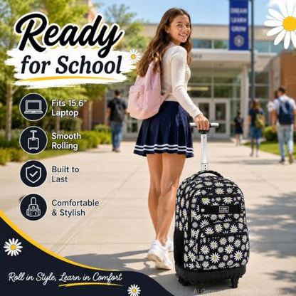 AGSDON Rolling Backpack for Girls, Women Roller Wheels Bookbag, Laptop Daisy Wheeled School Bag with Wheels for Teens - color: Daisy Black