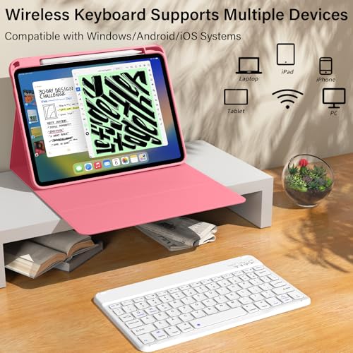 kenke for iPad 11/10th Gen Case with Keyboard 11/10.9 inch 2025 A16/2022, Detachable Wireless Bluetooth Keyboard Case with Bulit-in Pencil Holder, White Square Keycaps (Pink) - color: Watermelon Red