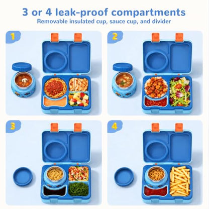 Kids Lunch Box with Thermo, Leakproof Bento Box for Kids with 8OZ Insulated Food Jar, Ice Pack, Sauce Cup, Utensils, Removable Tray & Dividers for School Daycare Travel (Trucks) - color: Trucks