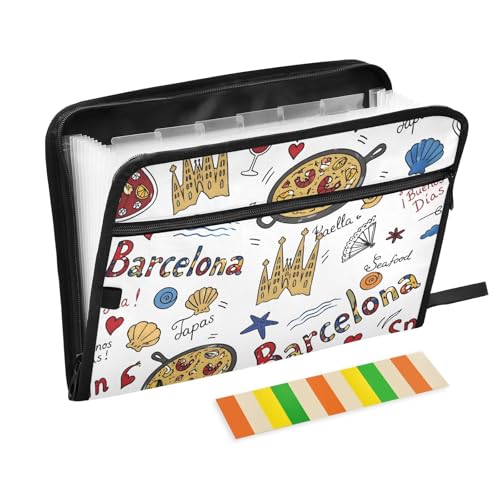 Cute Barcelona Sketch 13 Pockets File Folders Expanding File Folder with Sticky Labels Accordion File Folder with Safe Zipper Document Organizer for Letter A4 Size Paper,Document - color: Cute Barcelona Sketch