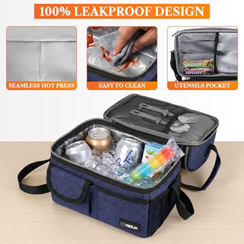 opux Insulated Lunch Bag Women Men, Dual Compartment Leakproof Lunch Box Adults Kids, Double Decker Meal Prep Bento Lunch Cooler Tote with Shoulder Strap for Work Office School Travel, Navy Blue - color: Heather Navy