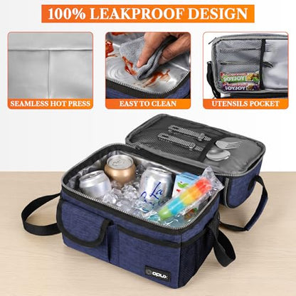opux Insulated Lunch Bag Women Men, Dual Compartment Leakproof Lunch Box Adults Kids, Double Decker Meal Prep Bento Lunch Cooler Tote with Shoulder Strap for Work Office School Travel, Navy Blue - color: Heather Navy