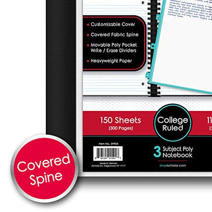 IQ+ iScholar 3-Subject Poly Cover Wirebound Notebook, College Ruled, 11 x 8.5 Inch, 150 Sheets, Black (59904-BK) - color: Black, size: 3 Subject, style: College Ruled