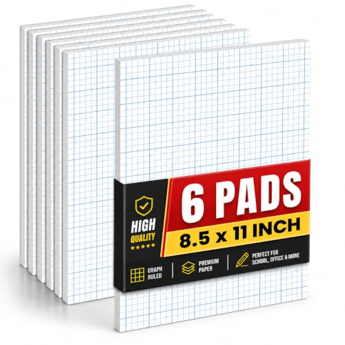 1InTheOffice Graph Paper Pad, Graphing Paper, Graph Paper Loose Leaf, Graph Paper Pads 8.5 x 11, Quad Ruled, 50 Sheets/Pad, 6 Pack