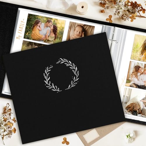Lanpn Photo Album Scrapbook 12x12, Linen Cover Wreath Design Top Load 3 Ring Folder Binder Photobook Photo Book 12 x 12 inch with 30 Plastic Sleeves 60 Pages Black - color: Black, size: 12x12"
