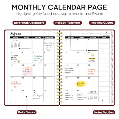 Planner 2026-2027, 6.3" x 8.5" Weekly and Monthly Academic Year Planner Calendar, July 2026 - June 2027, Hardcover Large School Planning Agenda With Tabs, Perfect for School & Office Supplies, A5, Burgundy - color: I-Burgundy, size: A5(6.3"x8.5")