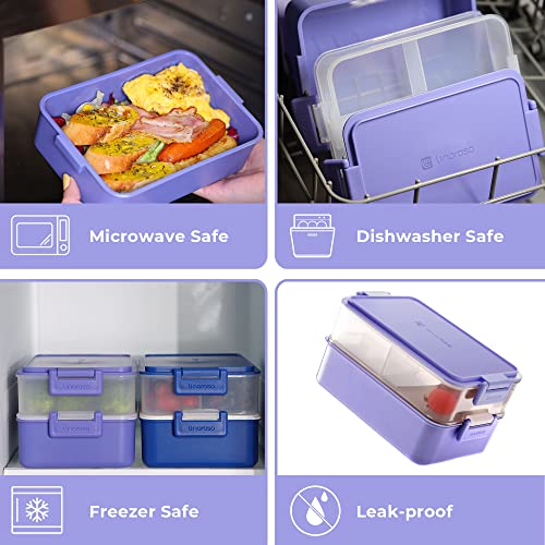 linoroso Stackable 2-Tier Adult Bento Box, 4 Compartments - Veri Peri | leakproof bento lunch box with fork & spoon + sauce cups, microwave/dishwasher safe, perfect for office, school & daily meals - color: Veri Peri