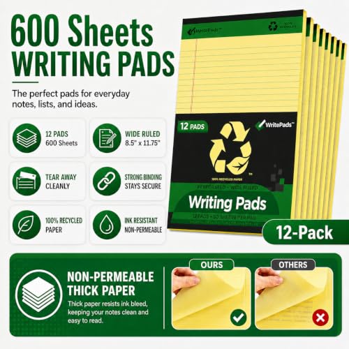 KAISA Legal Note pads 8.5 x 11，12pads 600 Sheets note pads office supplies Recycled Paper 8.5 x 11 Wide Ruled 50 sheets Premium Thick Paper Hard Back Notepads 8-1/2"x 11-3/4" Writing Tablet Canary For Office Supplies (Pack of 12) - color: Canary 12pad, si
