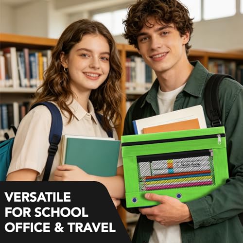3 Ring Pencil Pouch for Binder, 2-Pocket Zipper Pencil Case with Clear Window & Mesh Pocket, 600D Oxford Fabric Binder Pouch for School Office Supplies, Fits Standard 3-Ring Binders, Green - color: Green