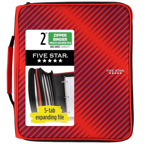 Five Star Zipper Binder, 2 Inch 3-Ring Binder with Round Rings, 5-Tab Expanding File, 380 Sheet Capacity, Fire Red (72538) - color: Red, size: 2 Inch Zipper Binder
