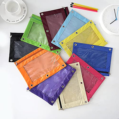 Zippered Pen Pencil Binder Pouch | 3 Rings with Clear Window for School Classroom Organizers 8 Pcs (yellow) - color: Yellow