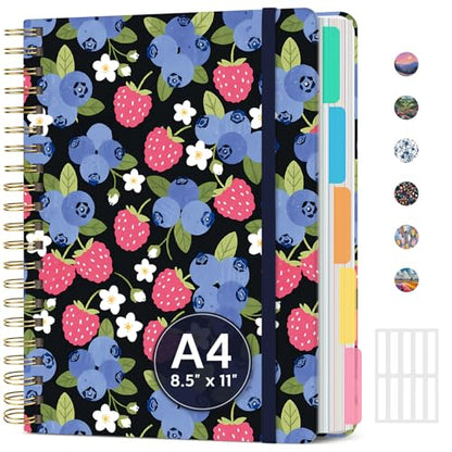 Large Spiral Lined Notebook for Work with Dividers & Tabs, 8.5"x11" Hardcover 5 Subject Notebook, College Ruled, 280 Pages, Berry Patch - color: T - Berry Patch