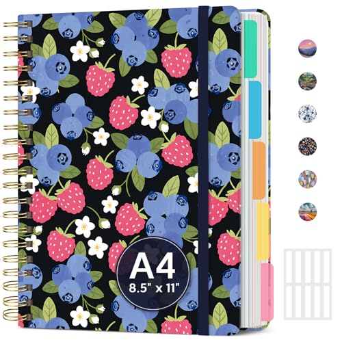 Large Spiral Lined Notebook for Work with Dividers & Tabs, 8.5"x11" Hardcover 5 Subject Notebook, College Ruled, 280 Pages, Berry Patch - color: T - Berry Patch