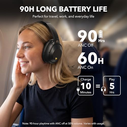 Bluetooth 6.0 Active Noise Cancelling Headphones for Airplane Travel, LDAC Hi-Res Audio, 90H Playtime Wired and Wireless ANC Headphones, Over Ear Headset for Home Office, Custom EQ via APP, Black - color: Black
