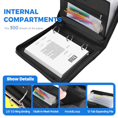 KTRIO 3 Ring Zipper Binder, 12 Tab Expanding File, 300 Sheets, Black | Durable Fabric Cover, 12 Tab Expanding File, 300 Sheet Capacity, Zipper Storage, Handle & Shoulder Strap