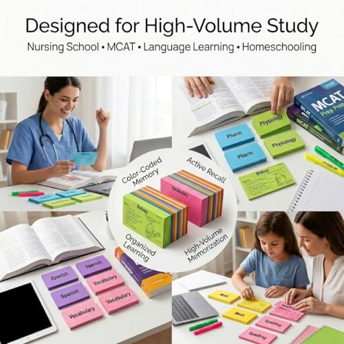 Mini Flash Cards 1000 Pack, Neon Study Cards for Active Recall, USA Made | Color-Coded Learning Cards for Vocabulary, Nursing School, Language Learning, Memory Retention & Exam Prep - style: Unpunched