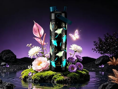 POWCAN 26 oz Insulated Water Bottle: Straw and Spout Lid, Glow-in-the-Dark | Leak-proof, Keep Cold 24H, Cupholder Friendly, BPA-Free, Stainless Steel Water Bottle for Gift, Hiking, Trip (Gilded Flutter) - color: Gilded Flutter (Luminous), size: 26 Ounces