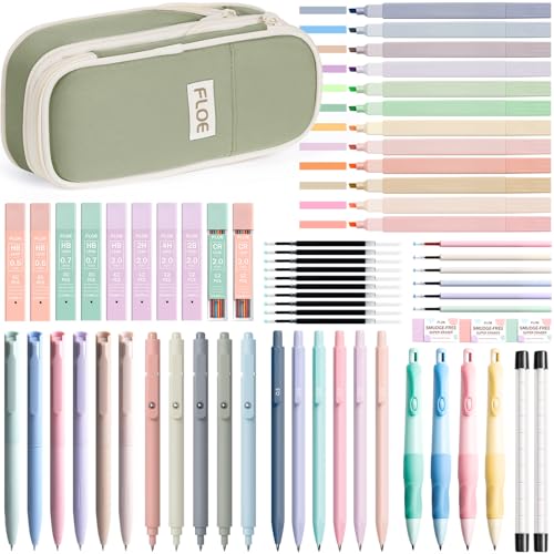65PCS Aesthetic School Supplies Back to School Supplies Cute Stationary Set | College Essentials Kit with Pencil Case, Pastel Highlighters Gel Pens Mechanical Pencil Set 0.5 0.7 & 2.0mm for Student Girls - color: Green