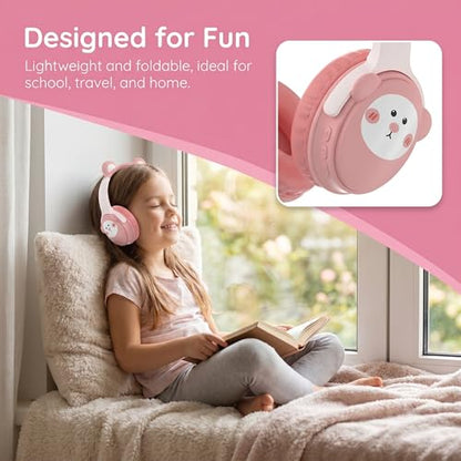 [65H Playtime] Cute Animal Ear Kids Bluetooth Headphones for Girls Women, Wireless Headphones with Microphone, Foldable Over-Ear Headset for School Travel, Pink - color: Pink