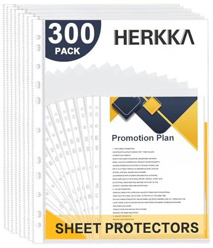 Sheet Protectors, HERKKA 300 Pack Heavy Duty Clear Plastic Page Protectors Sheet Reinforced 11-Hole Fit for 3 Ring Binder Fits Standard 8.5 x 11 Paper, 9.25 x 11.25 Top Loaded, Acid Free - size: 300 Pack
