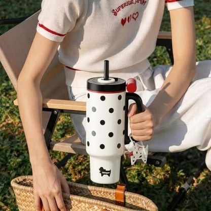36oz Insulated Tumbler with Handle, Stainless Steel Water Bottle, Leak-Resistant Travel Coffee Mug with Push Button Lid, Cup Holder Friendly for Tea & Daily Use, White - color: Retro Polka Red