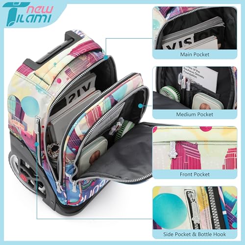 NEW TILAMI 19 Inch Rolling Backpack with Lunch Bag for Girls Boys Wheeled Laptop Backpack Durable Carry-on Bag School Travel, City - color: Yellow City