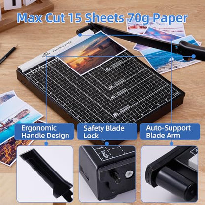 ISDIR 12” Heavy Duty Metal Paper Cutter - 15 Sheet High Capacity Guillotine Trimmer with Blade Safety Lock & Magnetic Guide, Professional Craft Cutter for Cardstock, Photos, DIY & Office - color: 12"black