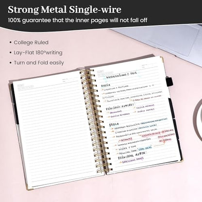 FLYING EAGLE Leather Spiral Notebooks for Work 5 Subject Notebook College Ruled with Dividers Pen, 360 Pages B5 Hardcover Lined Journals for Women Men Writing,Black - color: B.black
