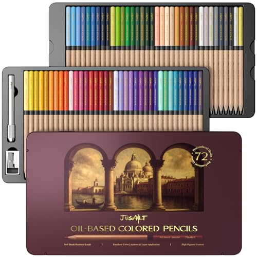 JusArt 72 Oil-Based Colored Pencils – Soft Core, Durable, Vibrant | Ultra-Smooth Oil Pastel Pencils for Adult Coloring, Portrait, Sketching, Landscape. Professional Drawing Pencils for Artists