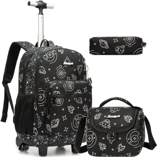 Kids Rolling Backpack for Boys 16.5" School Roller Backpack with Lunch Box, Toddler Backpacks with Wheels Rollig Wheeled Backpacks for Elementary School - color: Black Space