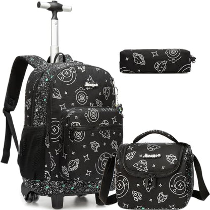 Kids Rolling Backpack for Boys 16.5" School Roller Backpack with Lunch Box, Toddler Backpacks with Wheels Rollig Wheeled Backpacks for Elementary School - color: Black Space