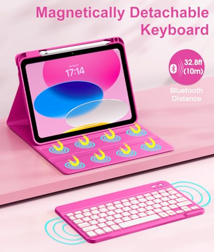 Hamile for iPad 11th 10th Generation Case with Keyboard - 7 Colors Backlit Wireless Detachable Folio Keyboard Cover with Pencil Holder for iPad 11-inch A16 2025 10th Gen 10.9 Inch 2022 (Hot Pink) - color: Hot Pink
