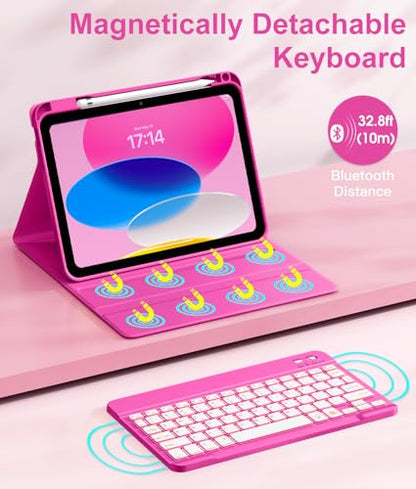 Hamile for iPad 11th 10th Generation Case with Keyboard - 7 Colors Backlit Wireless Detachable Folio Keyboard Cover with Pencil Holder for iPad 11-inch A16 2025 10th Gen 10.9 Inch 2022 (Hot Pink) - color: Hot Pink