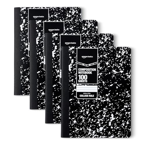 Amazon Basics Composition Notebook, College Ruled, 100 Sheets, 9.75" x 7.5", Marble Black, with Conversion Charts, 4-Pack - color: Marble Black, size: College Ruled,4-pack