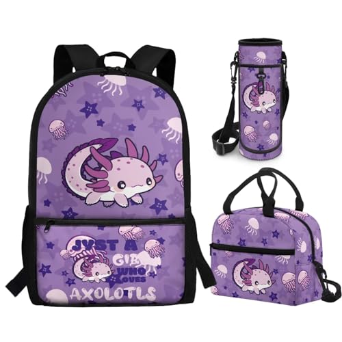 CLOHOMIN Purple Axolotl Backpack and Lunch Box Set Cute Book Bag with Lunch Bag Water Bottle Carrier 3 in 1 High School Bookbag Grade 9-12 Student School Bag for Kids Girls 7st Grade Lunch Tote Bag - color: Cute Purple Axolotl