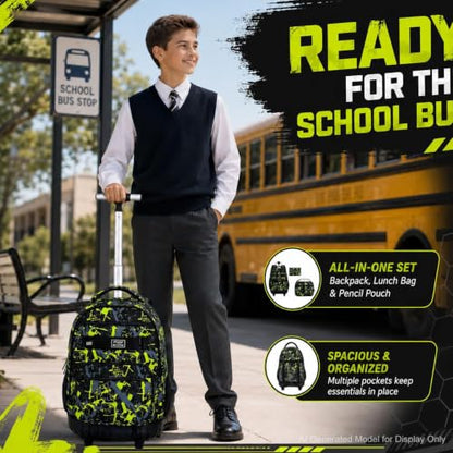 3Pcs Rolling Backpack for Boys Men, Travel Roller Backpacks with Wheels for Adults, Teens College Graffiti Wheeled Bookbag with Lunch Box(Green) - color: Airbrush Green