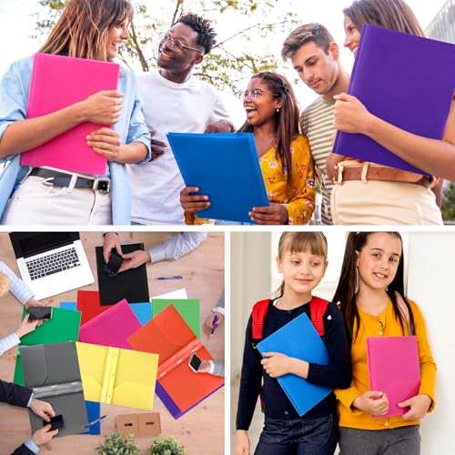 Cholemy 72 Packs Pocket Folders with Prongs Heavy Duty Plastic Folder with Business Card Slot 3 Prong Fasteners for School Office (Rainbow) - color: Rainbow