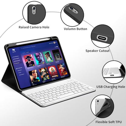 kenke for iPad 11/10th Gen Case with Keyboard 11/10.9 inch 2025 A16/2022, Detachable Wireless Bluetooth Keyboard Case with Bulit-in Pencil Holder, White Square Keycaps (Black - color: Black
