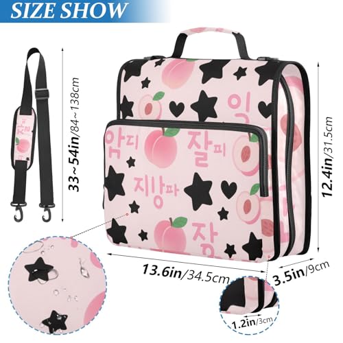 Korean-Style Pink Peaches 3 Rings 1.5 inch Binder with Zipper with Handle and Removable Shoulder Strap Easy to Carry Document Binder Organizer Suitable for Middle School Clip de cremallera escolar
