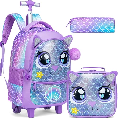 Meetbelify Rolling Backpack for Girls Backpacks with Wheels for Elementary School Students Kids 3 in 1 Travel Luggage Suitcase with Lunch Box Pencil Case for Girls Age 8-10 - color: Purple Mermaid