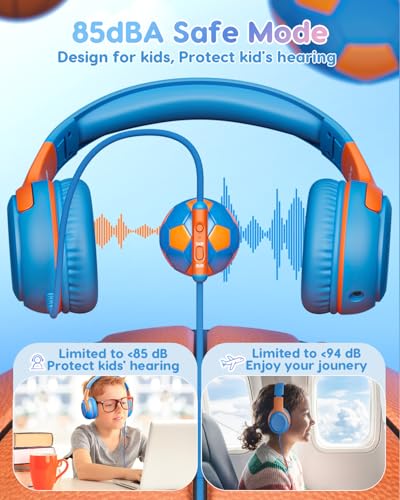 awatrue Kids Headphones Wired - Toddler Headphones with Microphone, Over-Ear Headphones, 85/94dB Volume-Limiting, 3.5mm Jack, Foldable On-Ear Design - Safe & Comfortable for Learning & Entertainment - color: BlueOrange