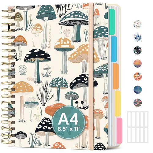 Large Spiral Lined Notebooks for Work with Removable Dividers & Tabs, 8.5"x11" Pretty Hardcover 5 Subject Notebook Journal for Women, College Ruled, Perfect for Study & Office Organization, 280 Pages,Mushrooms Grove - color: X - Mushrooms Grove