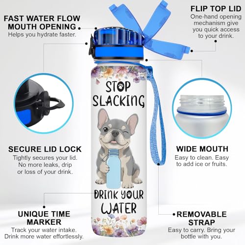 34HD French Bulldog Water Bottle with Time Marker & Straw 32 oz, Stop Slacking Drink Your Water Dog, Birthday Gift for Frenchie Lovers and Pet Owners - color: White Blue