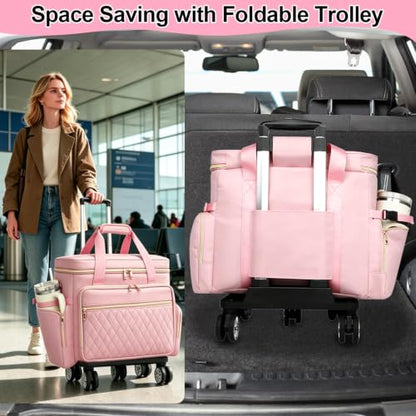 SIYNPAV 5-Wheeled Rolling Teacher Bag with Detachable Trolley, 15.6 Inch Laptop Sleeve & Accordion File Organizer, Large Capacity Teacher Tote with Cup Holder for School Office, Pink